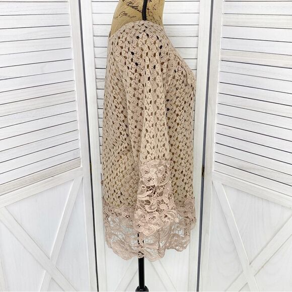 Kori Boho Cottagecore Crochet‎ Lace Hems Bell Sleeve Tunic Top Mocha Tan Small - Picture 4 of 14